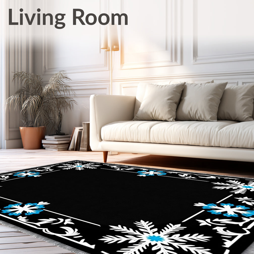 Winter Snowflake Floral Black Rug