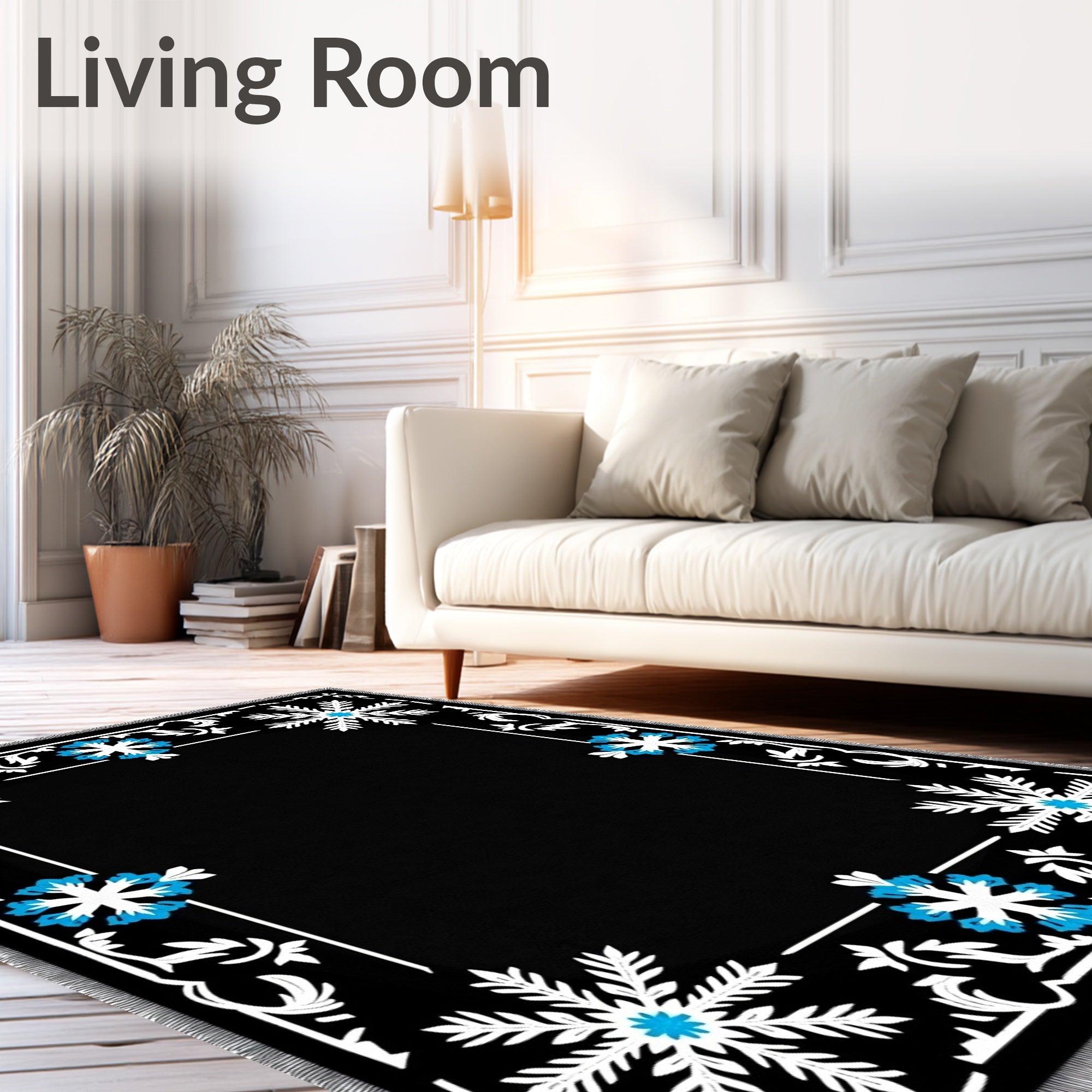 Winter Snowflake Floral Black Rug