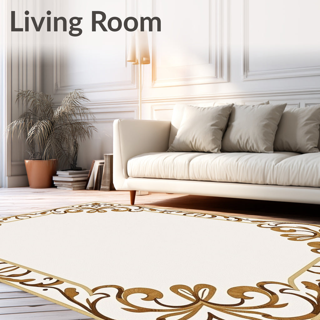 Ornate Golden Brown Scrolls Border Rug