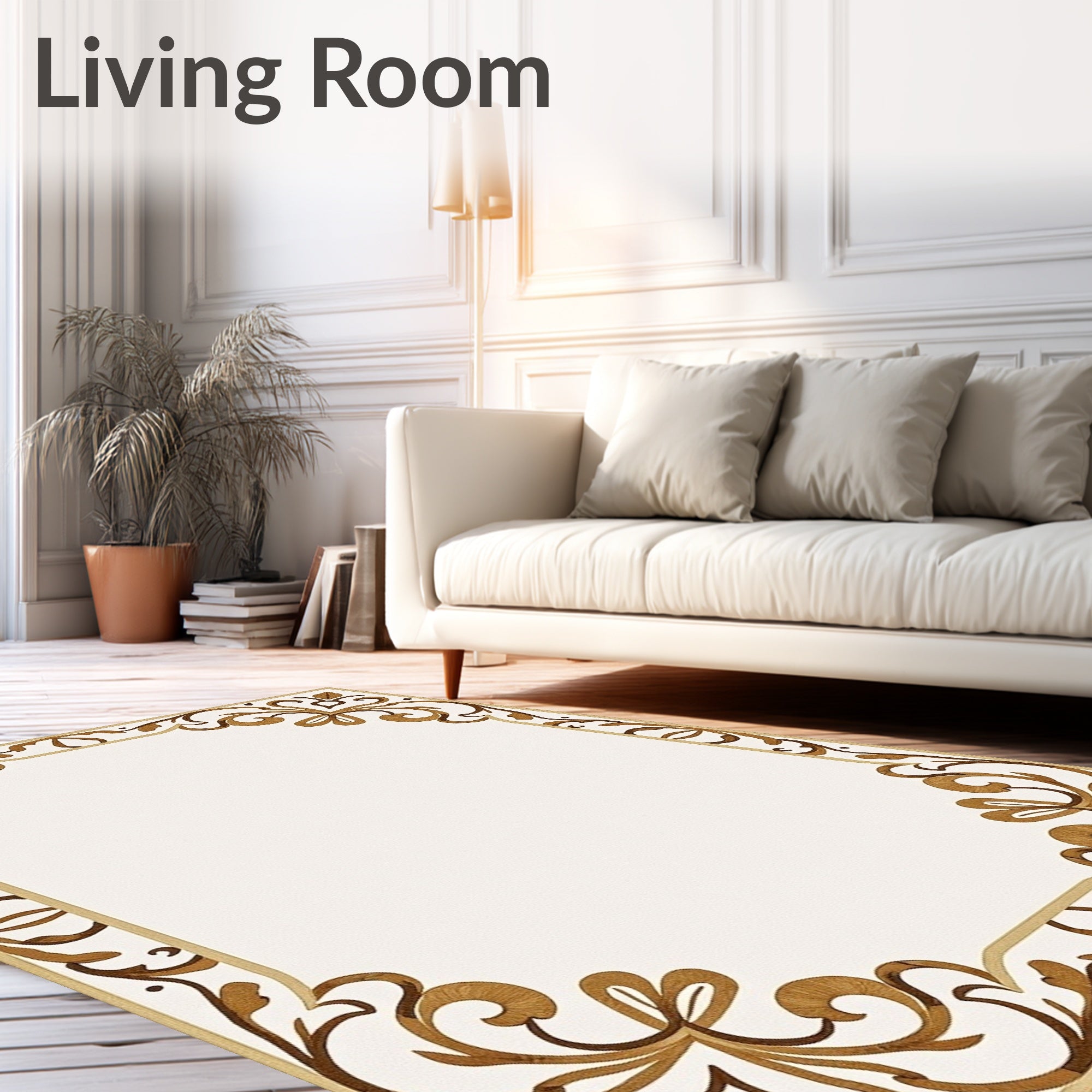 Ornate Golden Brown Scrolls Border Rug