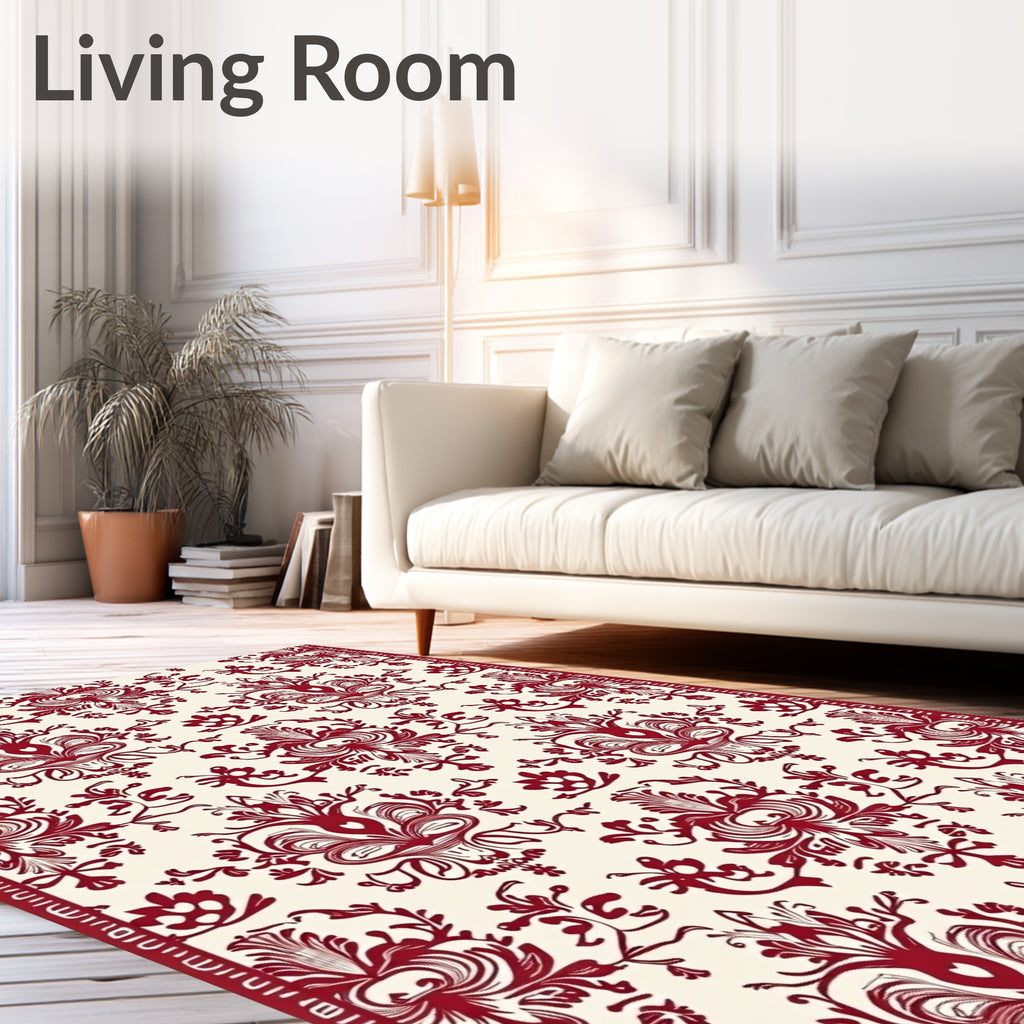 Rich Crimson Damask Scrollwork Rug