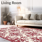 Rich Crimson Damask Scrollwork Rug