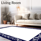 Dark Blue White Ornate Scroll Border Rug