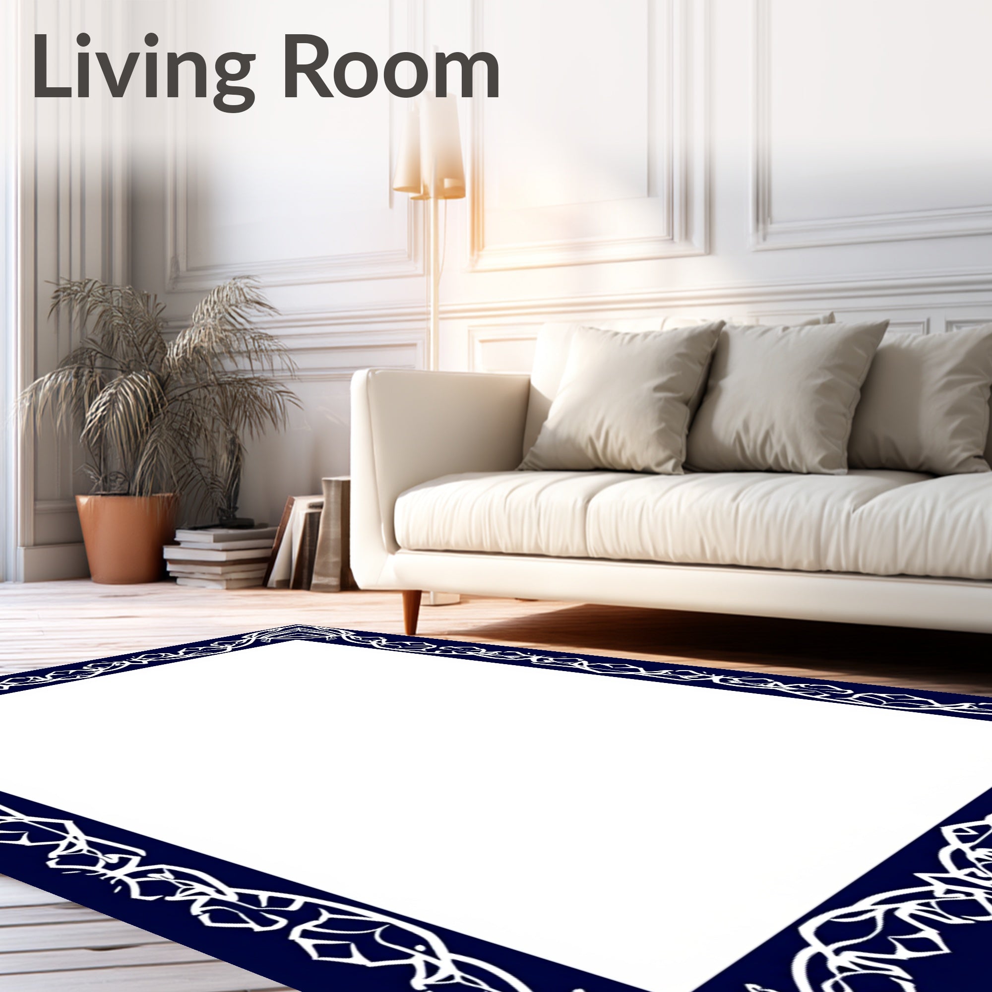 Dark Blue White Ornate Scroll Border Rug