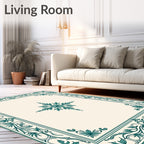 Teal Leaf Scroll Border Cream Rug