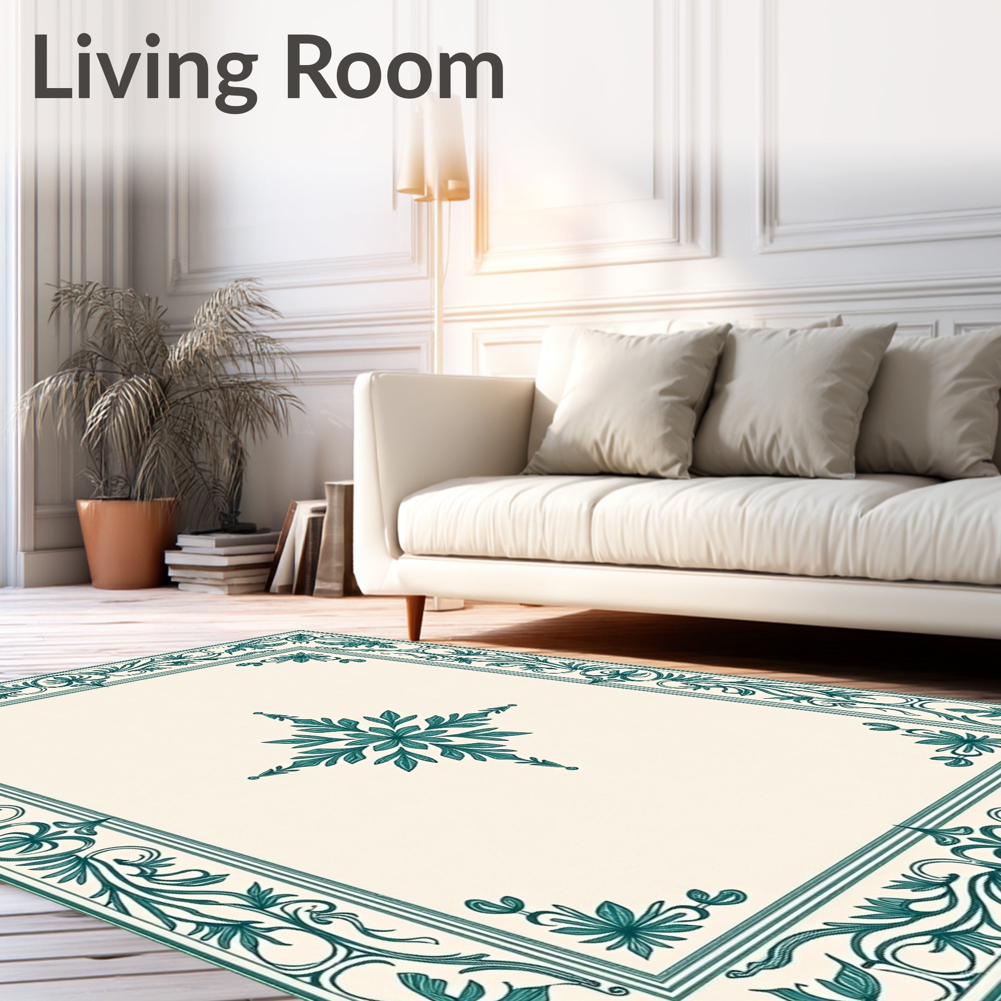 Teal Leaf Scroll Border Cream Rug