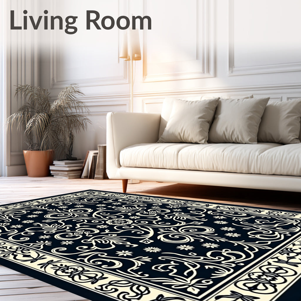 Elegant Black Cream Floral Scroll Rug