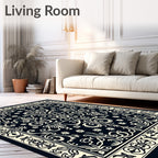 Elegant Black Cream Floral Scroll Rug