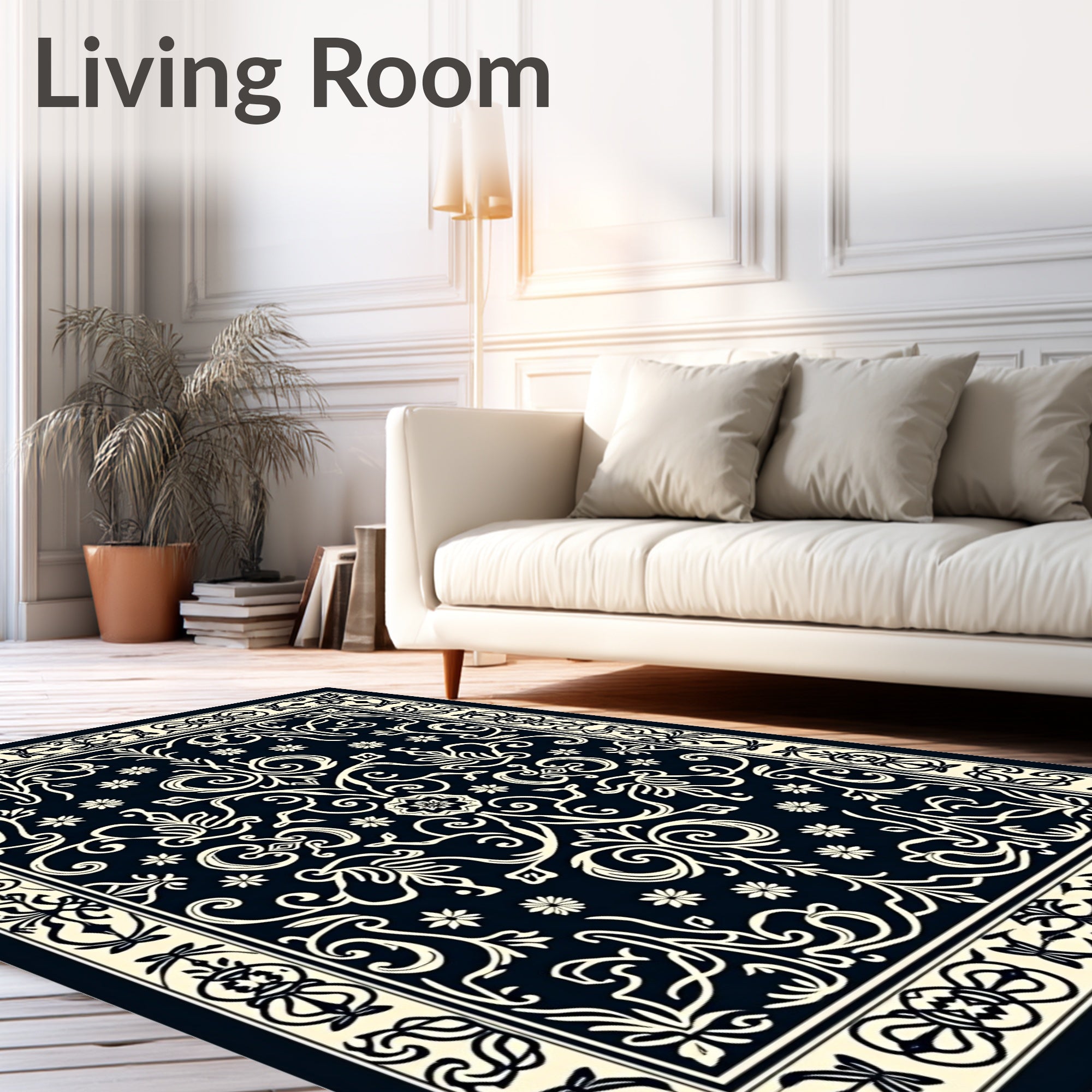 Elegant Black Cream Floral Scroll Rug