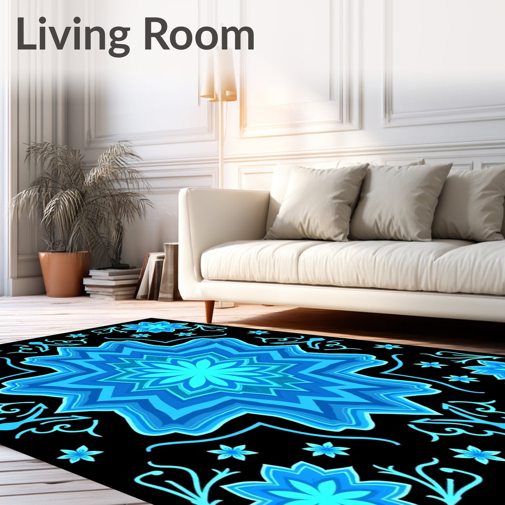 Azure Blue Starburst Floral Mandala Rug