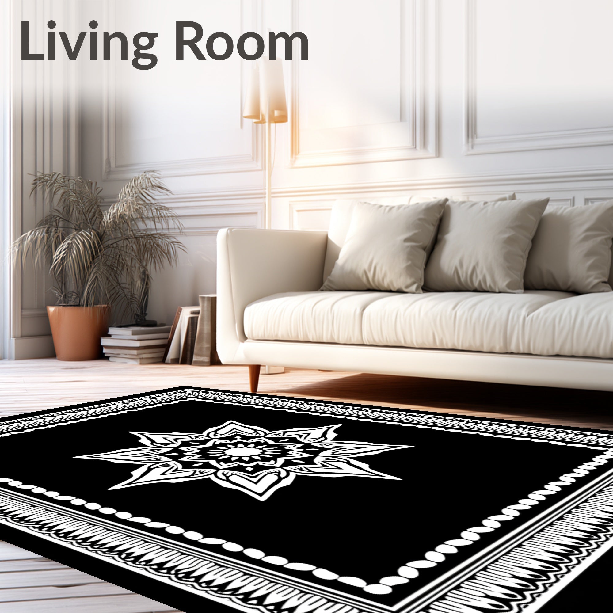 Black White Elaborate Floral Mandala Rug