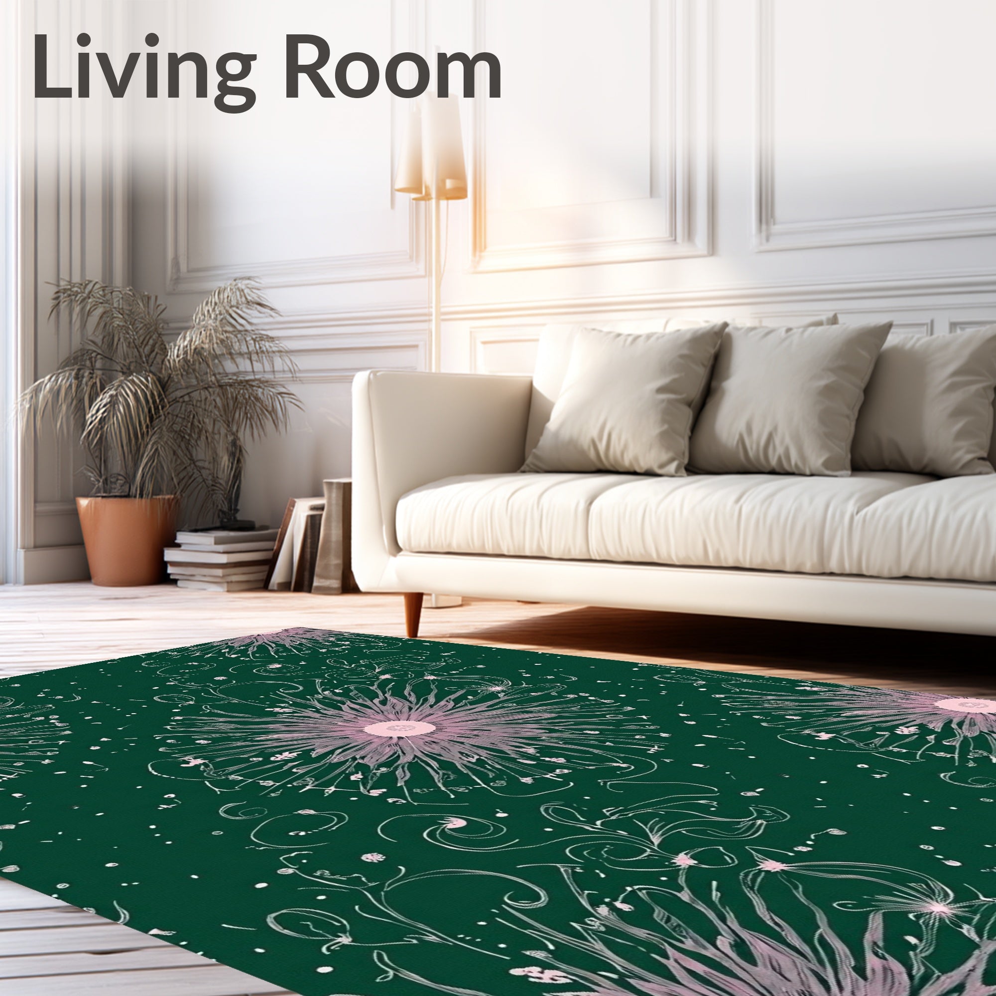 Fuchsia Floral Spray Emerald Swirls Rug