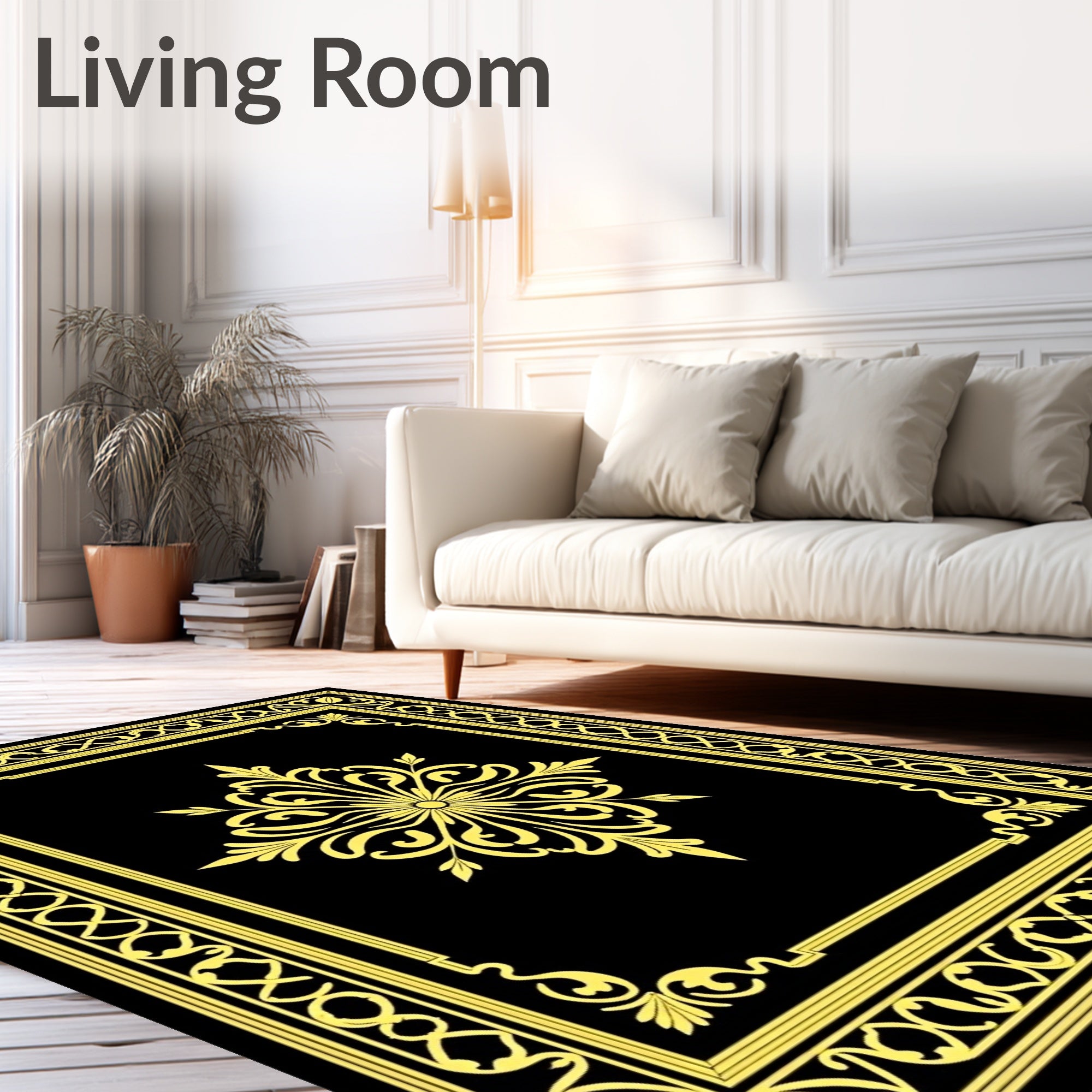 Black and Gold Ornate Medallion Rug