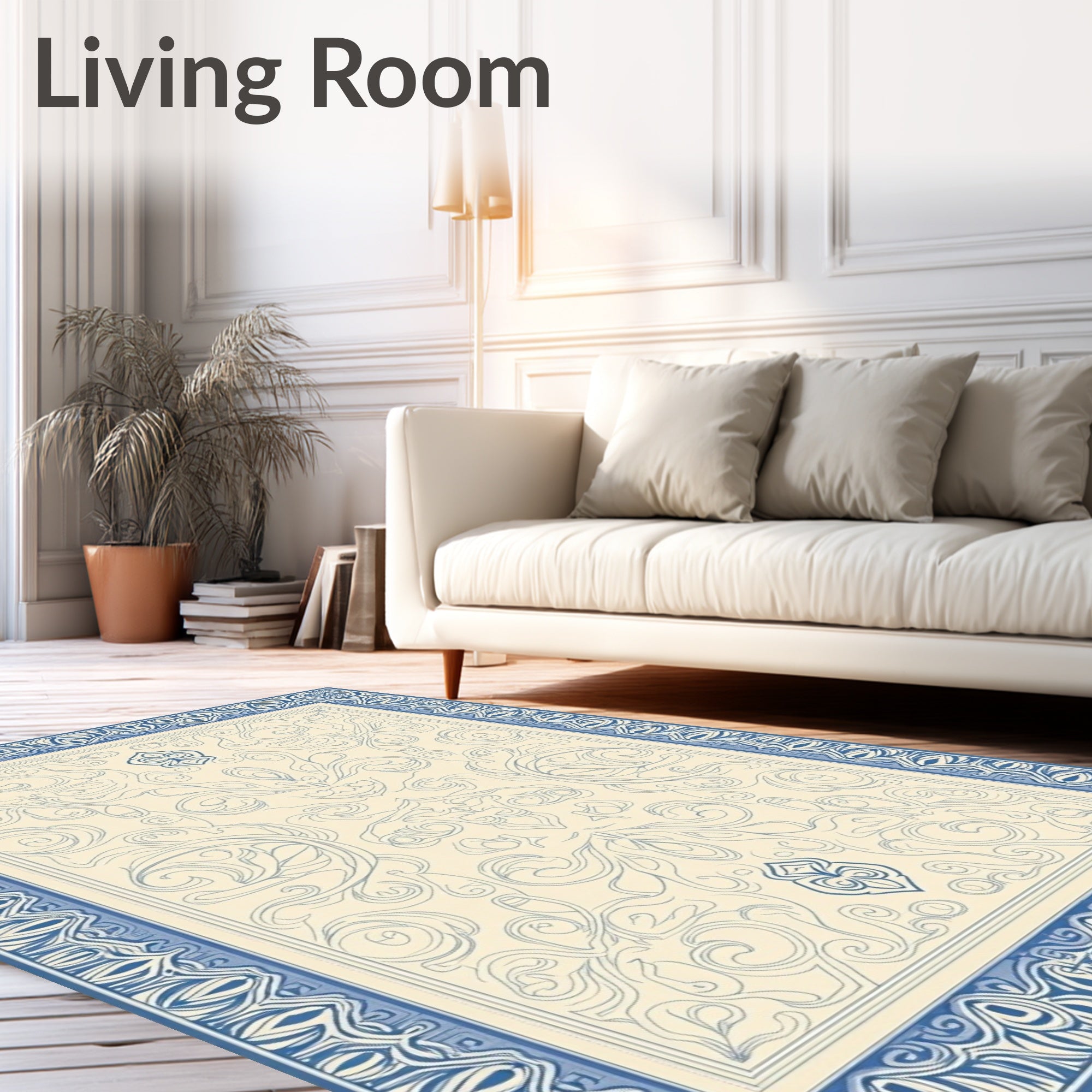 Cream Blue Ornamental Scroll Medallion Rug