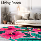 Vibrant Pink Hibiscus Green Hummingbird Rug