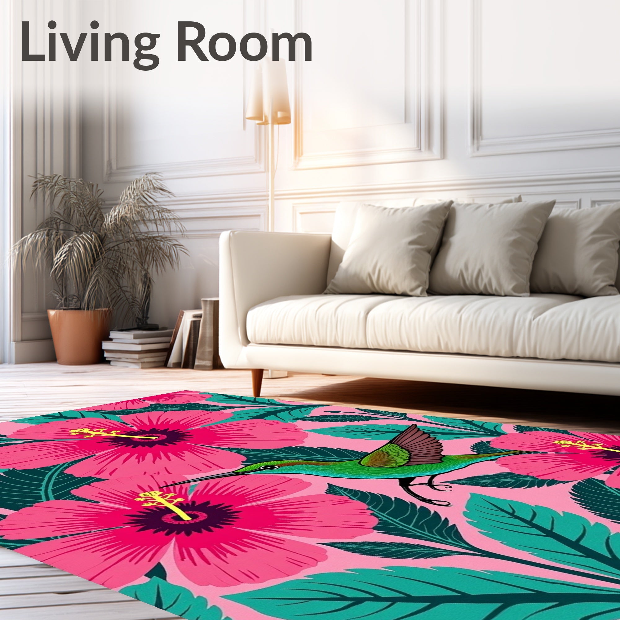 Vibrant Pink Hibiscus Green Hummingbird Rug