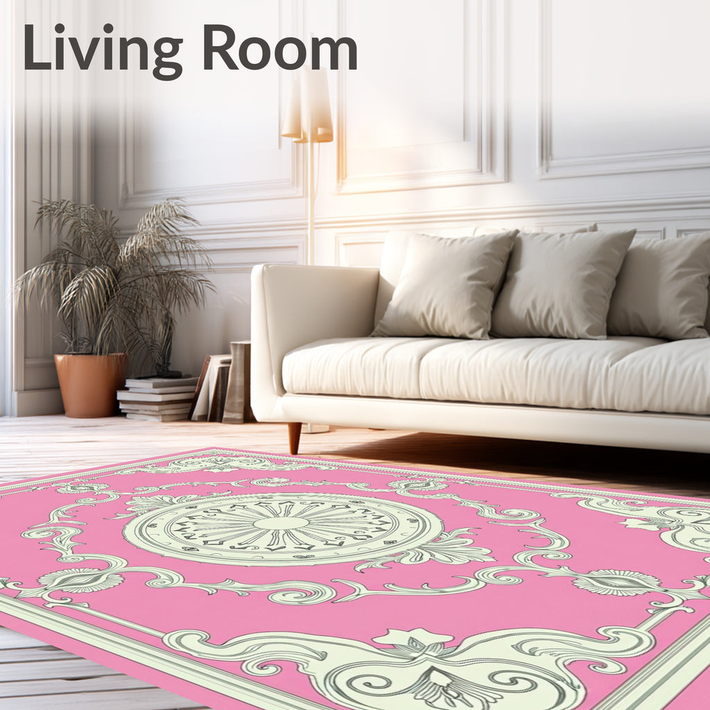 Ornate Pink Cream Medallion Frame Rug