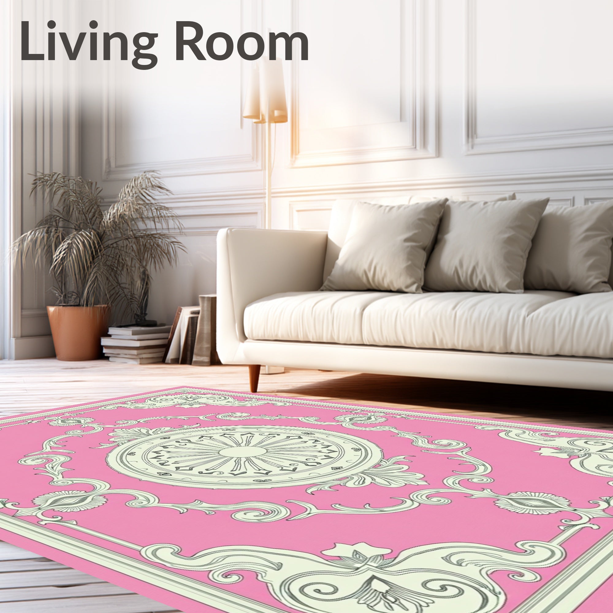 Ornate Pink Cream Medallion Frame Rug