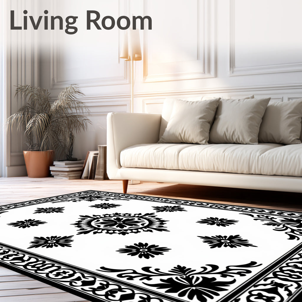 Ornate Black White Floral Medallion Rug