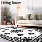 Ornate Black White Floral Medallion Rug