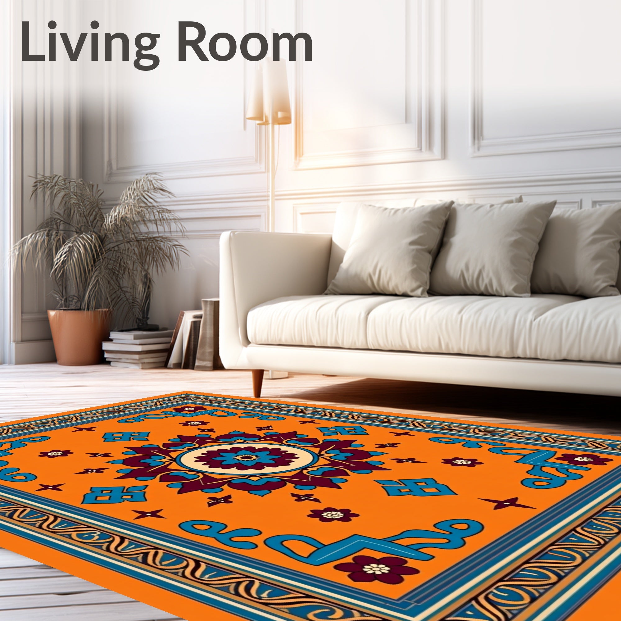 Vibrant Orange Floral Medallion Border Rug