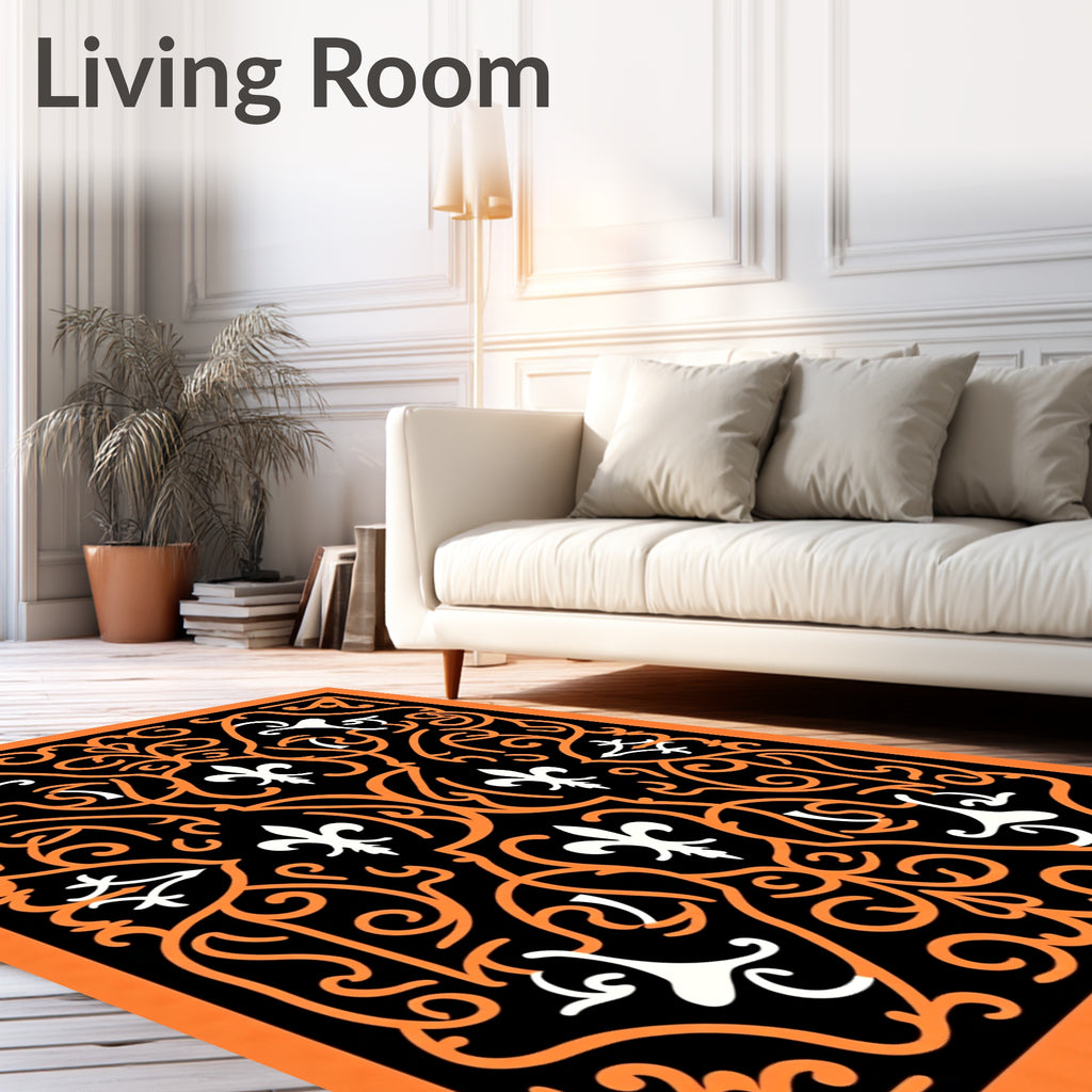Orange White Fleur De Lis Scrollwork Rug