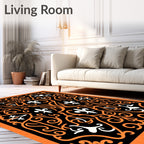 Orange White Fleur De Lis Scrollwork Rug