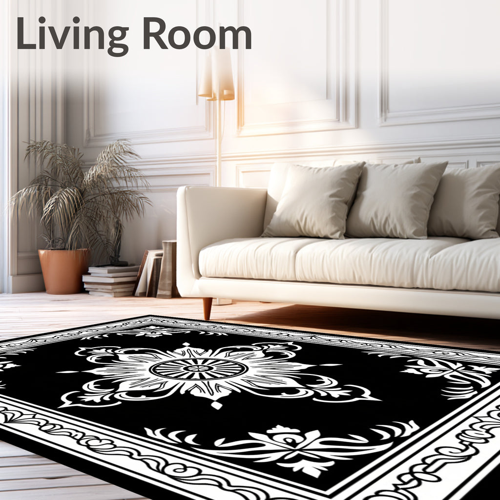 Black White Floral Mandala Frame Rug