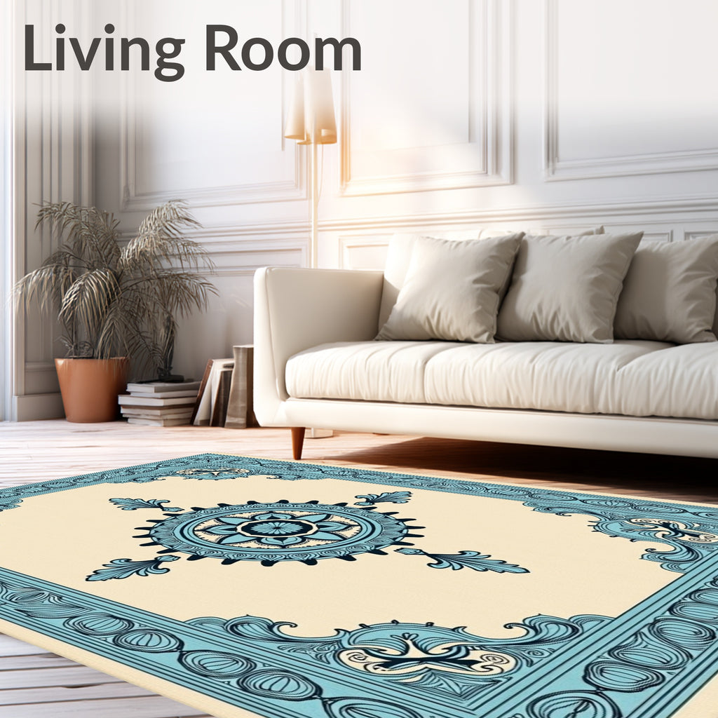 Light Blue Medallion Floral Border Rug
