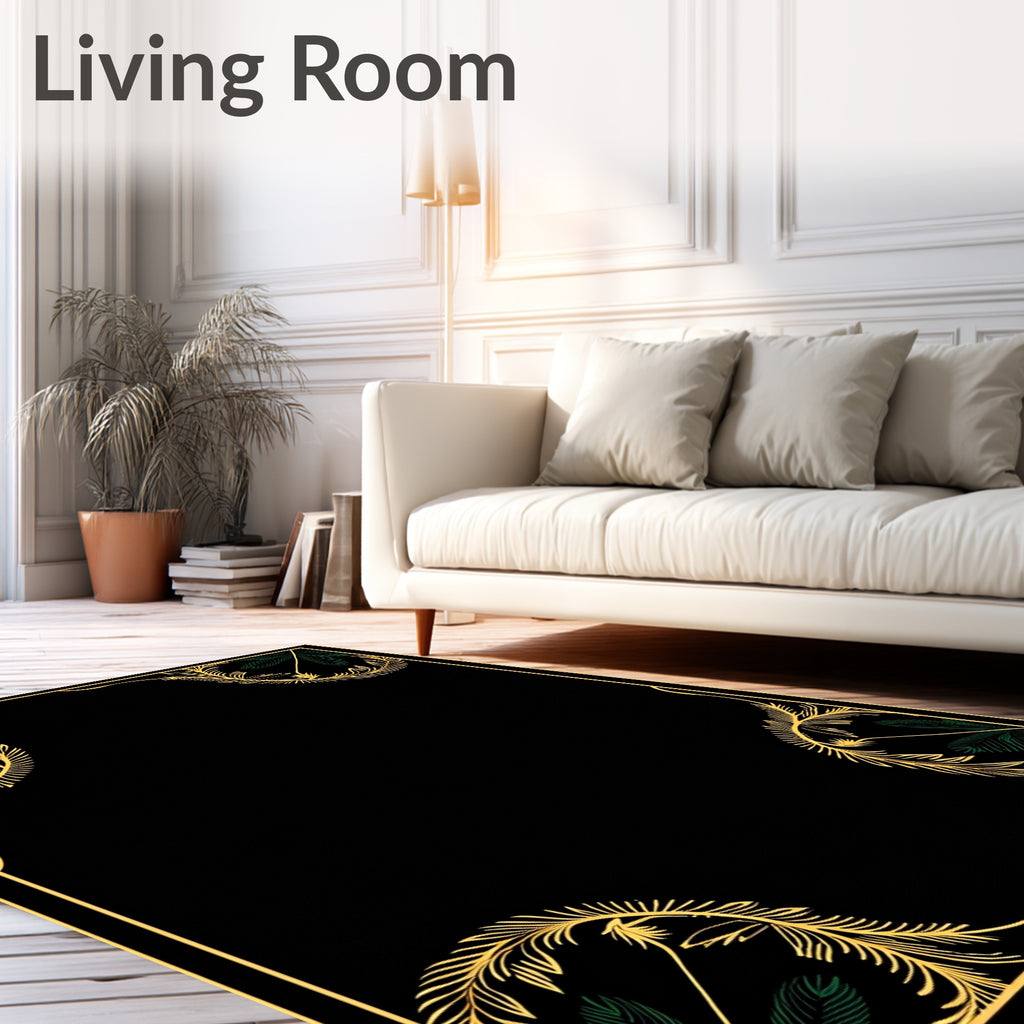 Elegant Gold Green Leaf Heart Border Rug