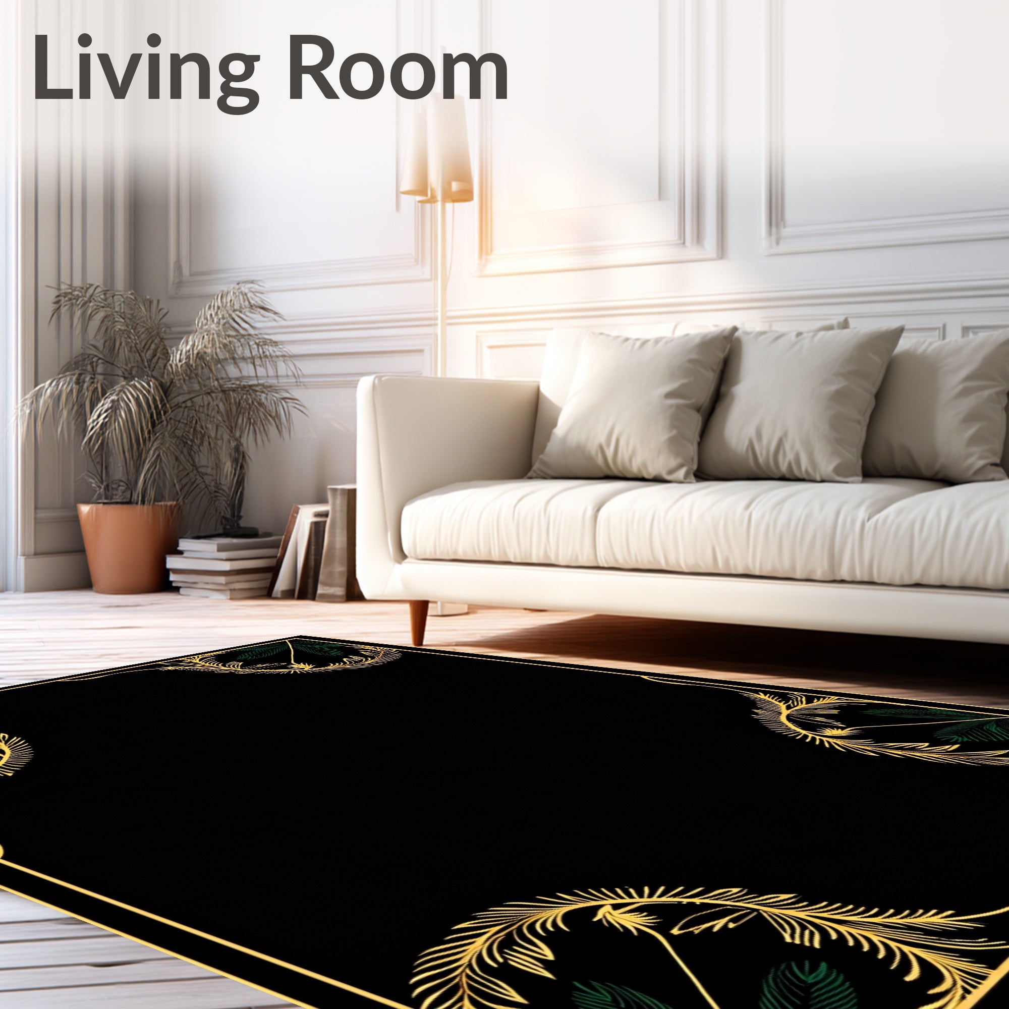Elegant Gold Green Leaf Heart Border Rug