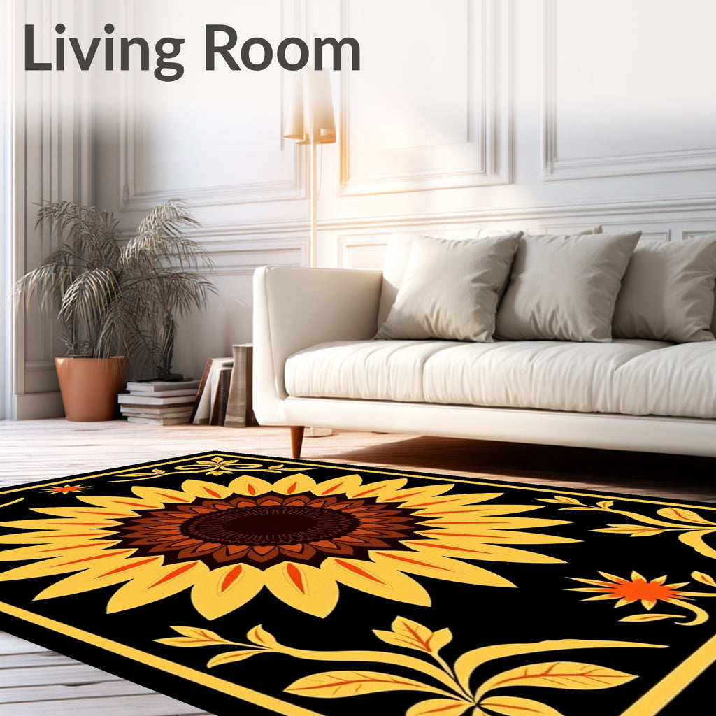 Black Yellow Sunflower Floral Medallion Rug