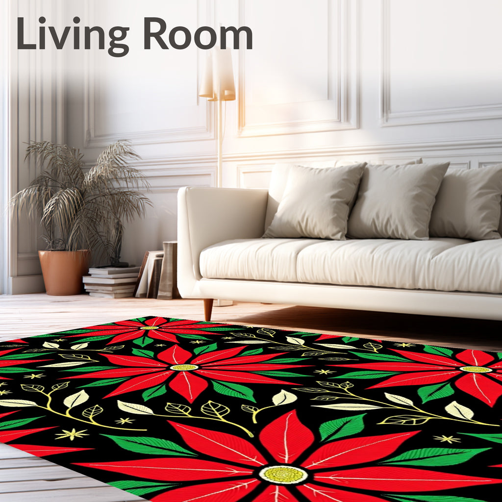 Vibrant Red Poinsettia Floral Branches Rug