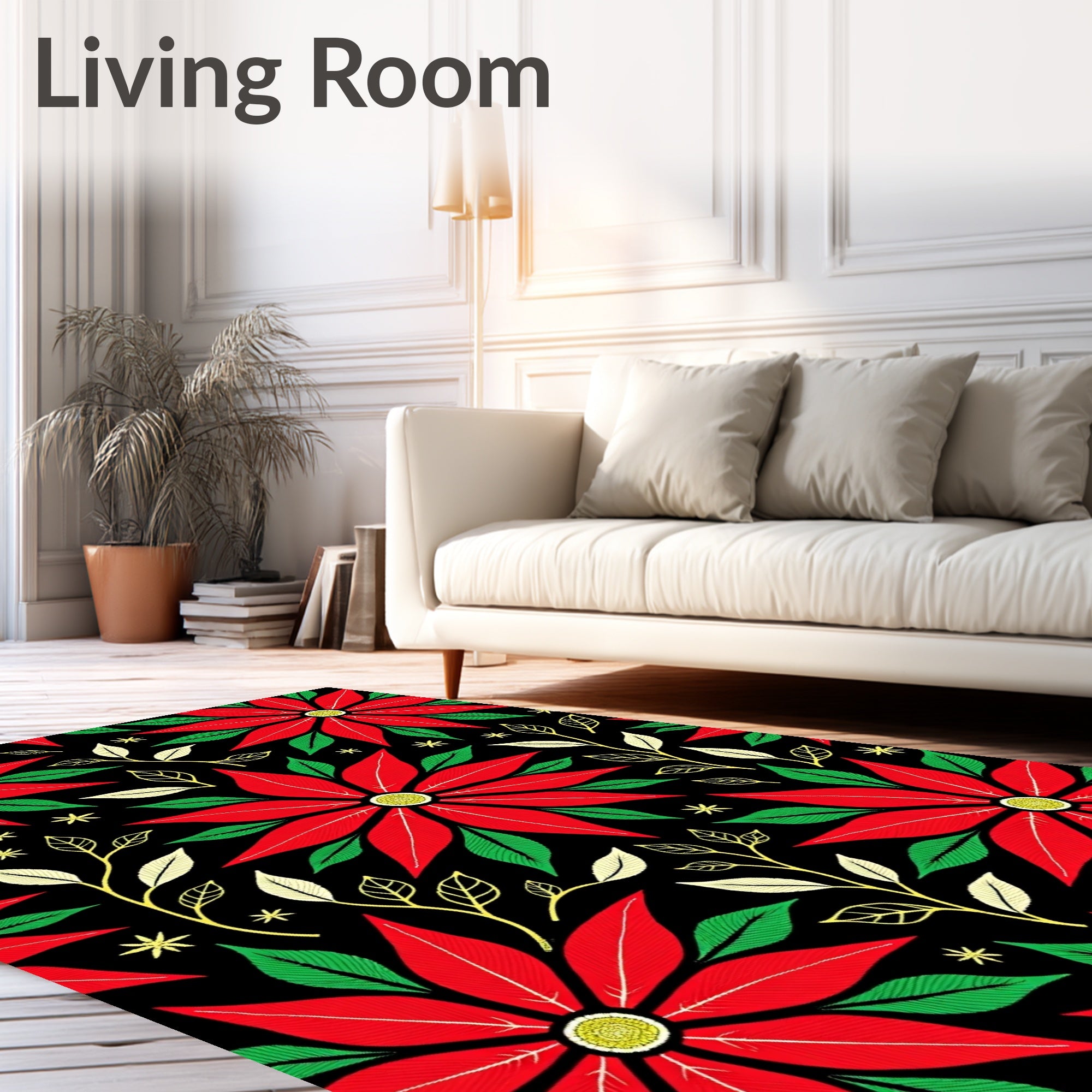 Vibrant Red Poinsettia Floral Branches Rug