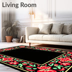 Red Floral Border with Mint Green Leaves Rug