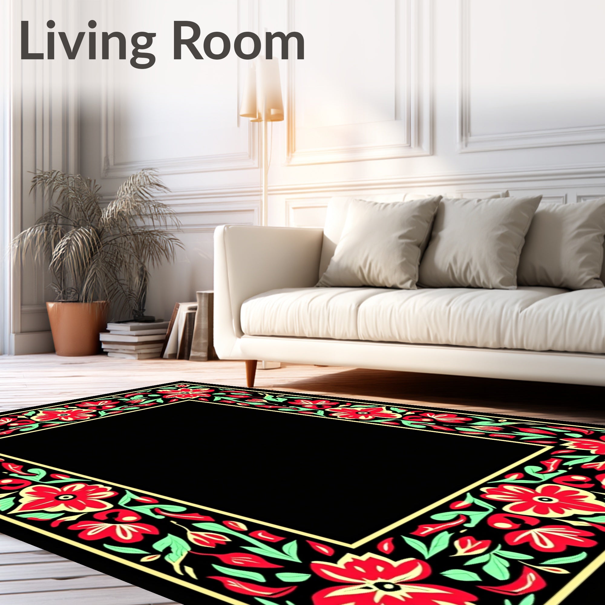 Red Floral Border with Mint Green Leaves Rug