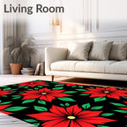 Vibrant Red Floral Black Background Rug