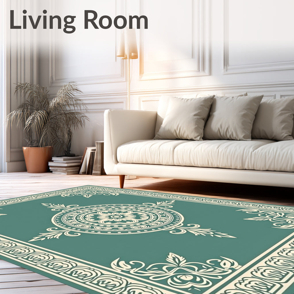 Teal Cream Floral Mandala Border Rug
