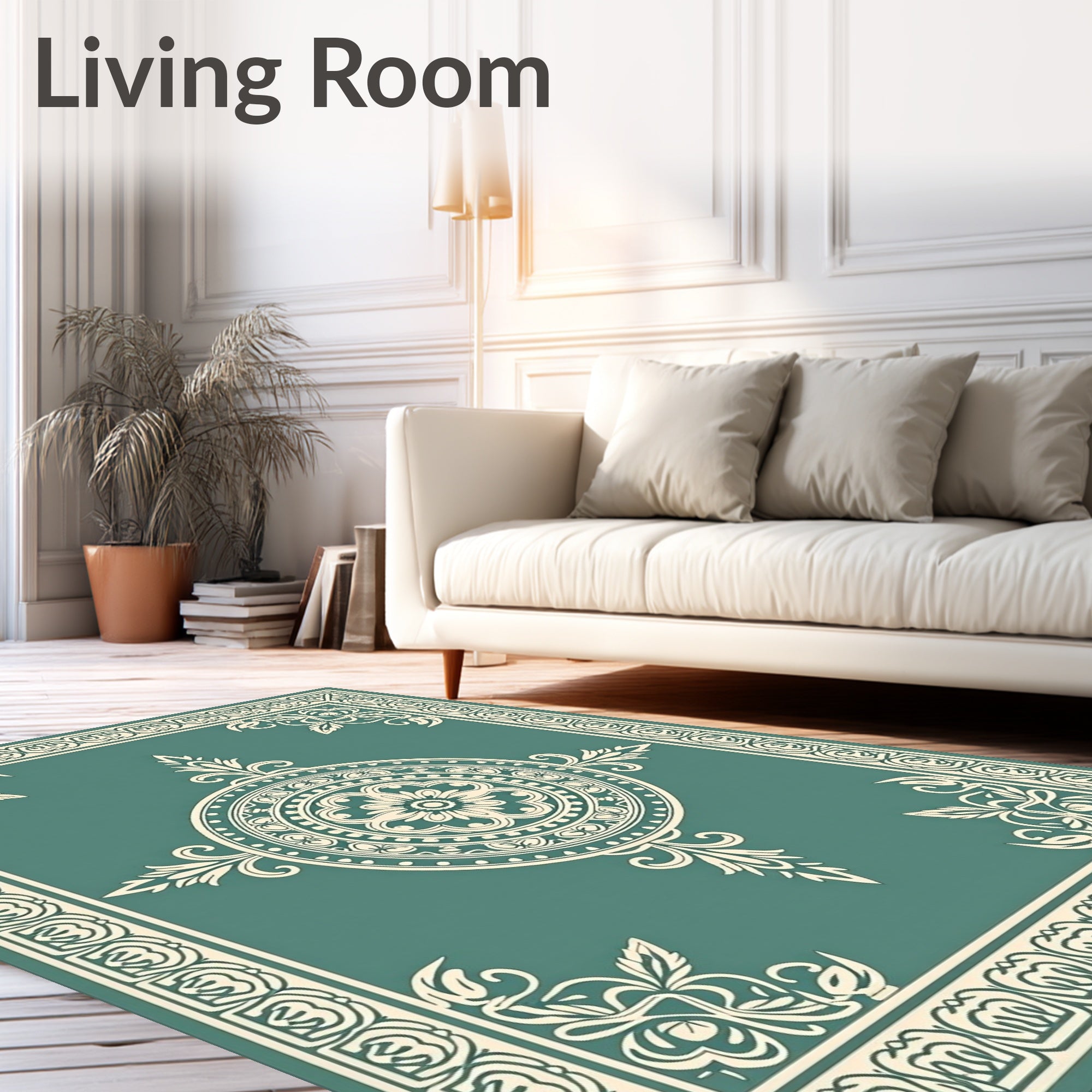 Teal Cream Floral Mandala Border Rug