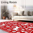 Red White Reindeer Snowflakes Folk Art Rug