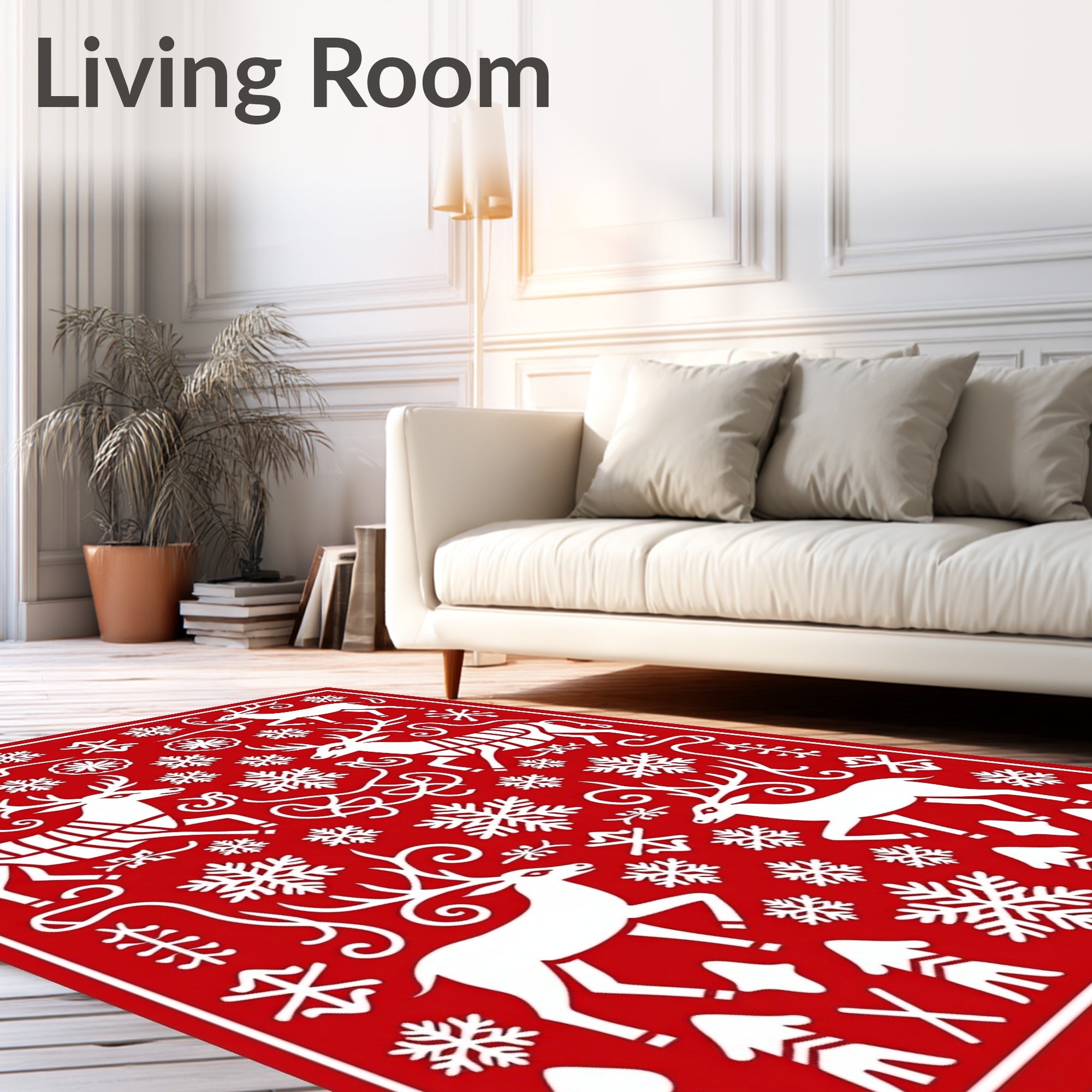 Red White Reindeer Snowflakes Folk Art Rug