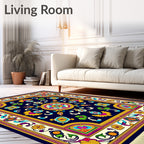 Vibrant Blue Floral Medallion Border Rug