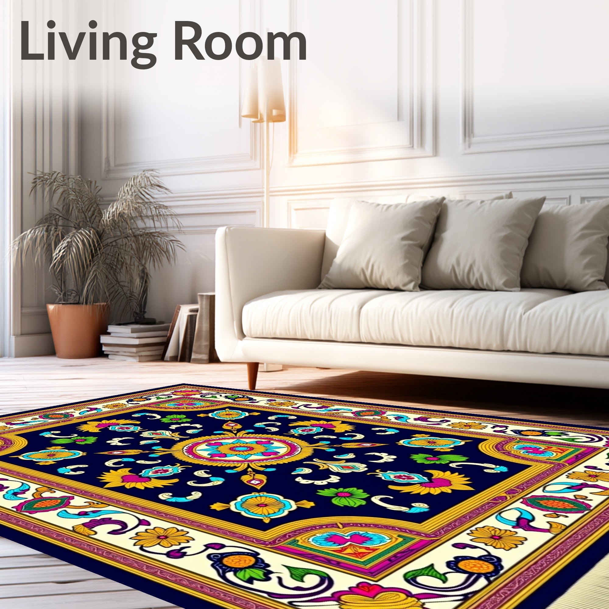 Vibrant Blue Floral Medallion Border Rug