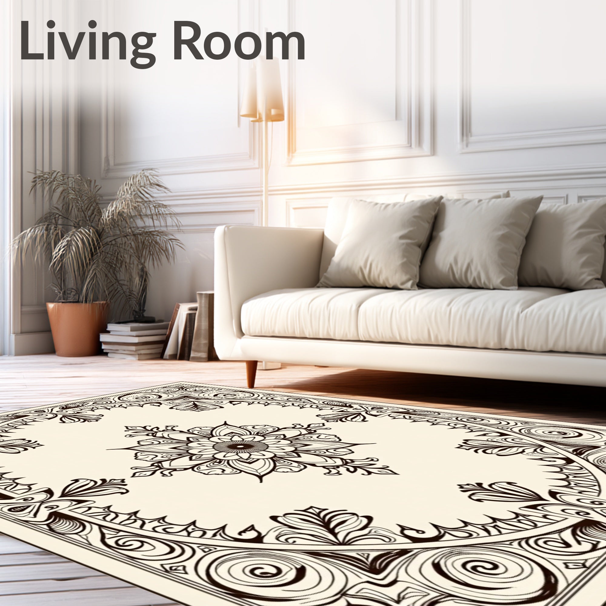 Ornate Black Scroll Medallion Frame Rug
