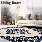 Ornate Navy Ivory Center Floral Rug