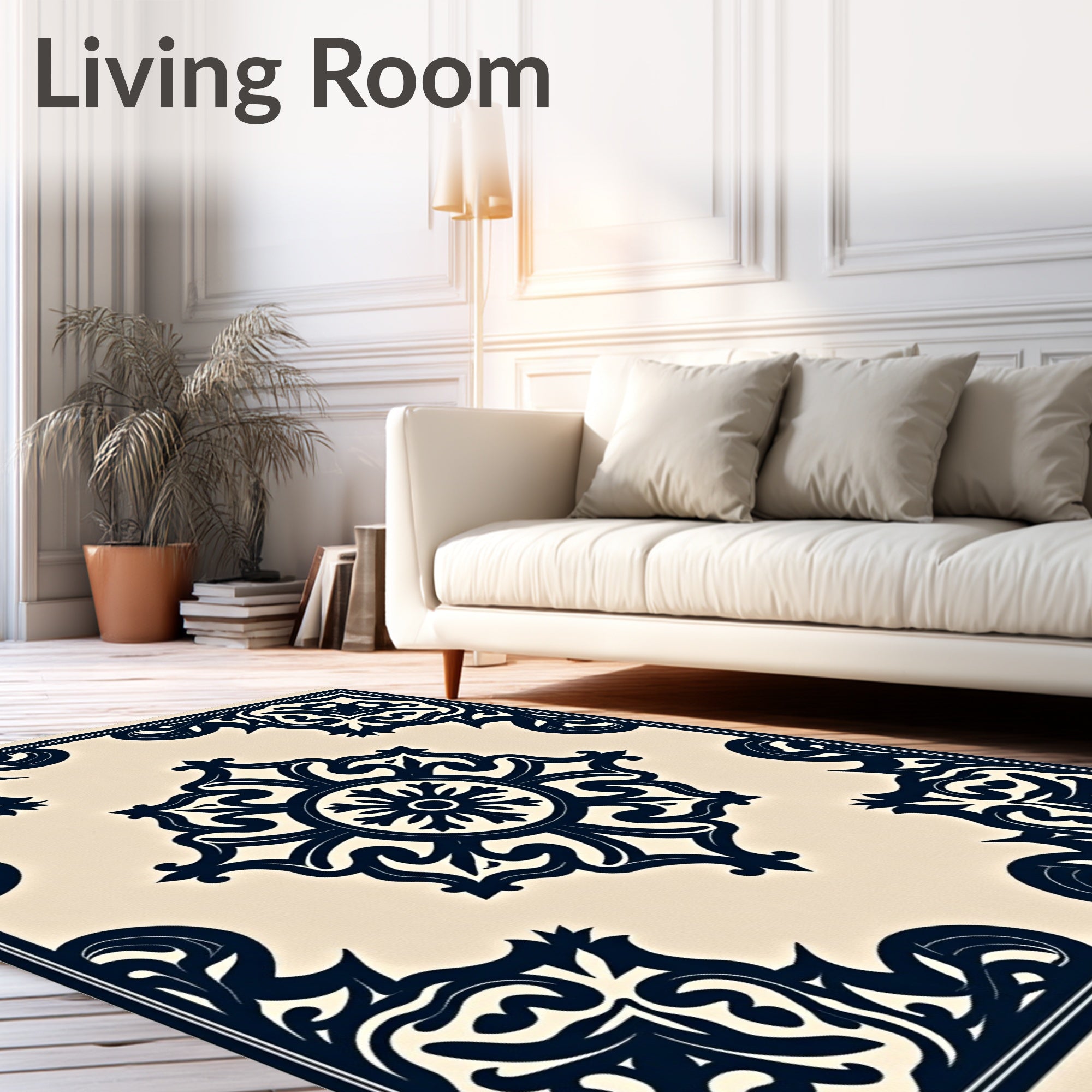 Ornate Navy Ivory Center Floral Rug