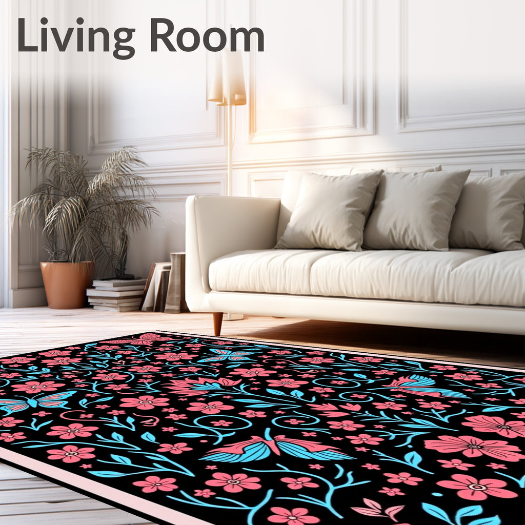 Pink Blue Butterfly Floral Garden Rug