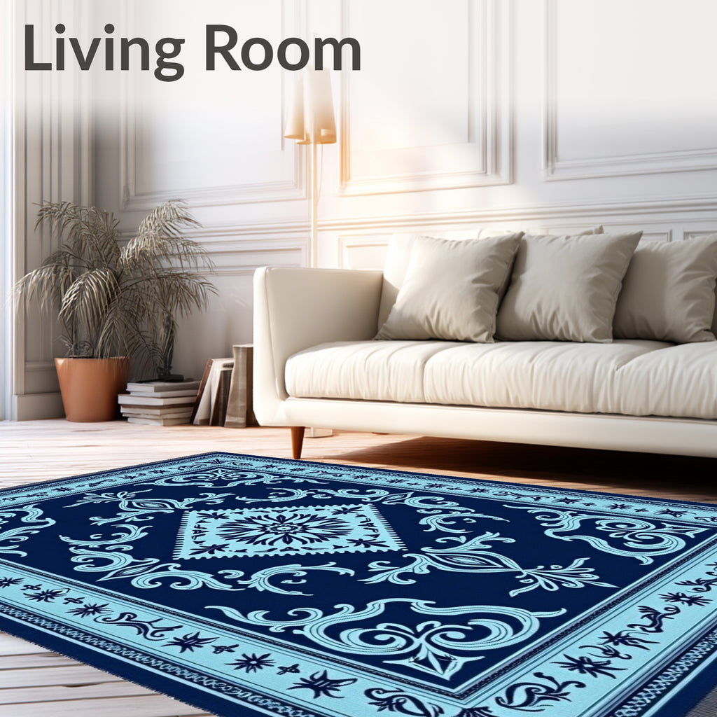 Navy Cyan Vintage Floral Medallion Rug