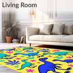 Bright Blue Dinosaur Botanical Arrangement Rug