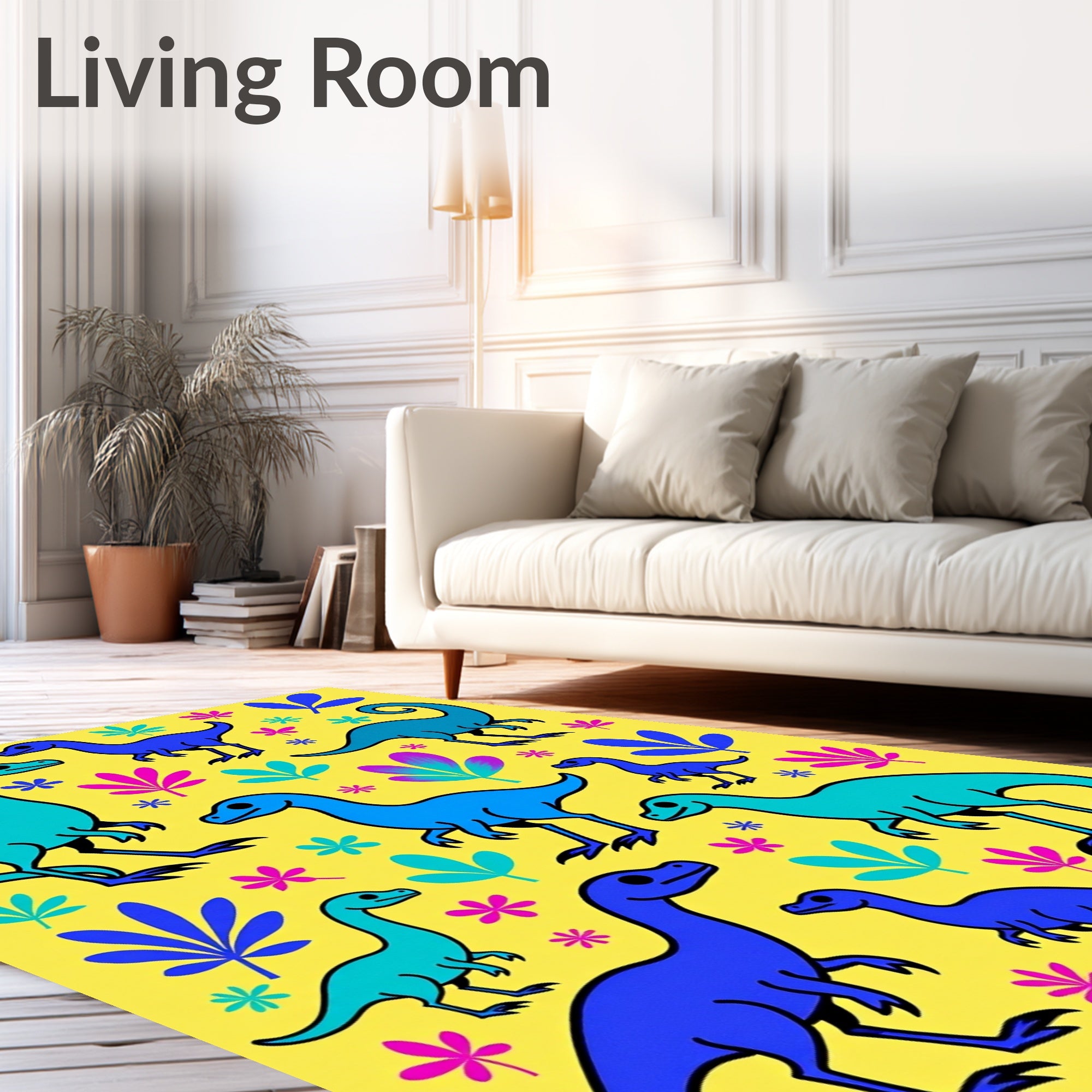 Bright Blue Dinosaur Botanical Arrangement Rug